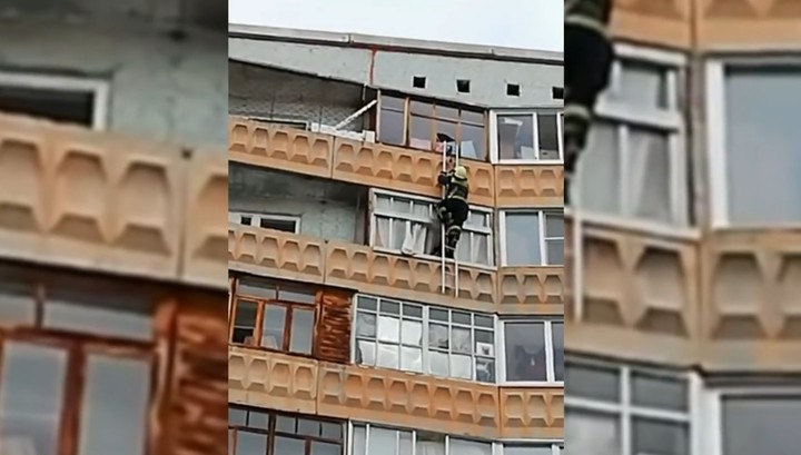 Пожарный спас запертого на девятом этаже малыша с помощью штурмовой лестницы