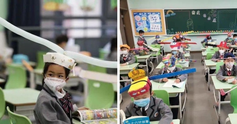 В Китае дети вернулись в школы и носят особые шляпы