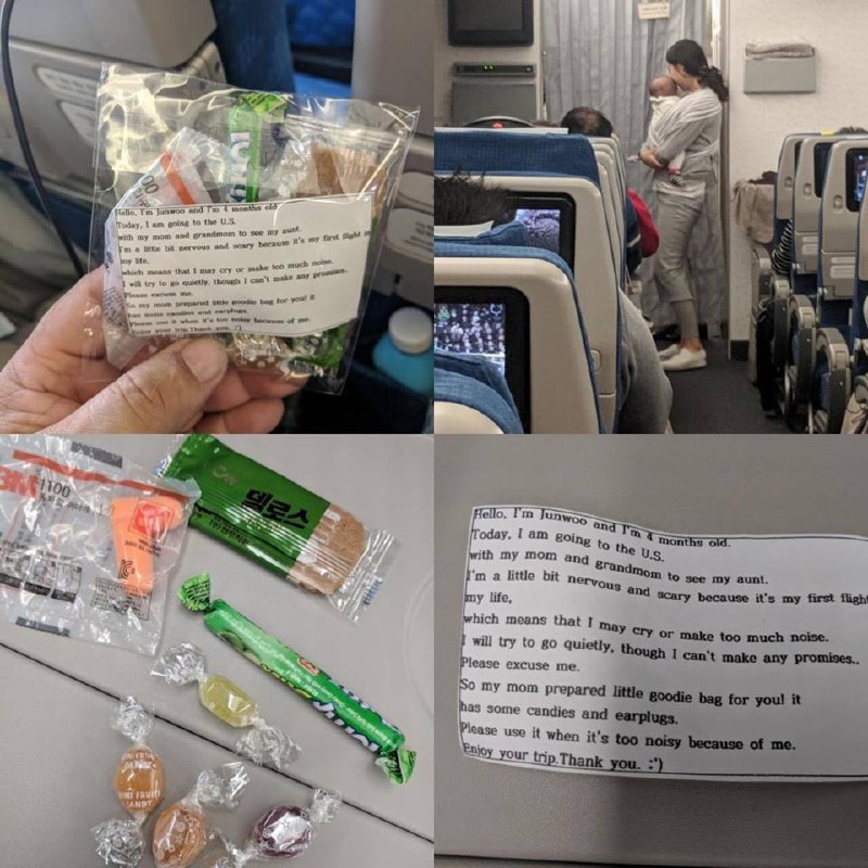Молодая мать, которая летела со своей дочкой, раздала пассажирам пакетики со сладостями и запиской